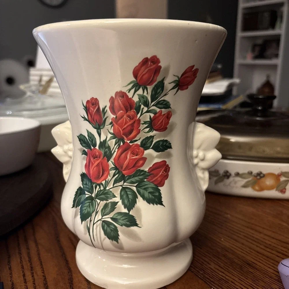 Vintage McCoy Pottery Vase with Red Roses and Double Handles Stunning Piece 8 in